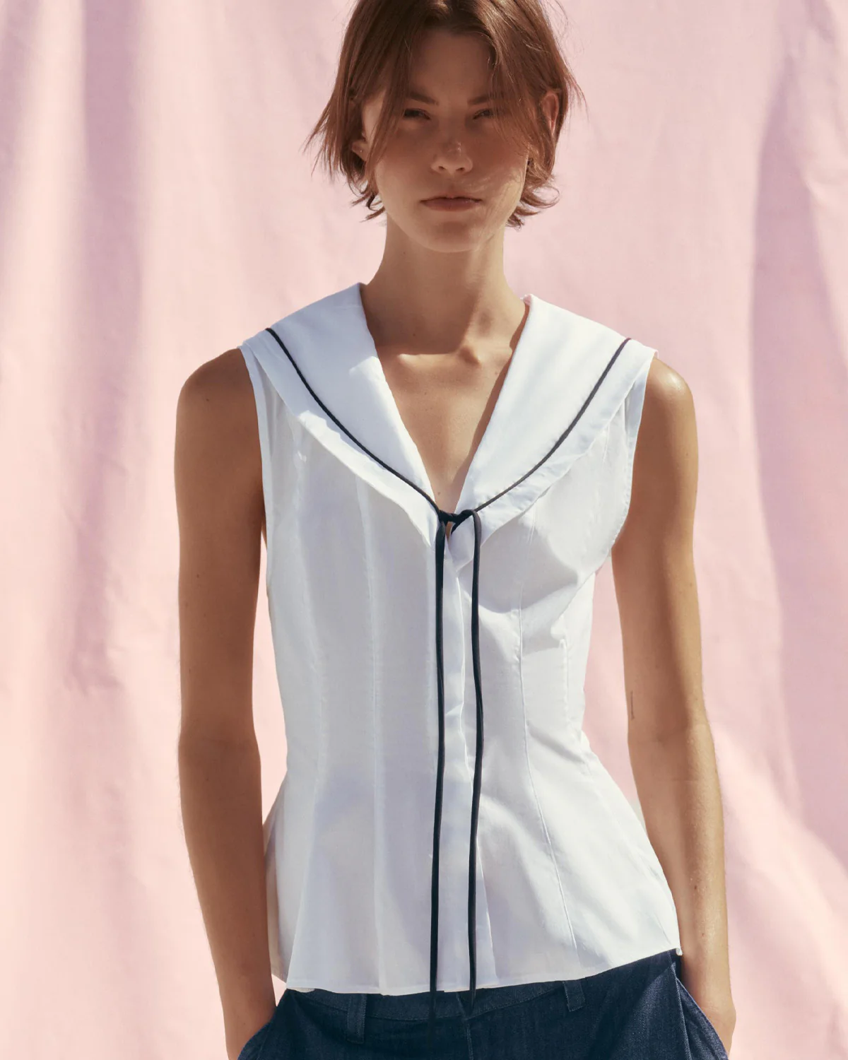White Marine Collar Flounced Top