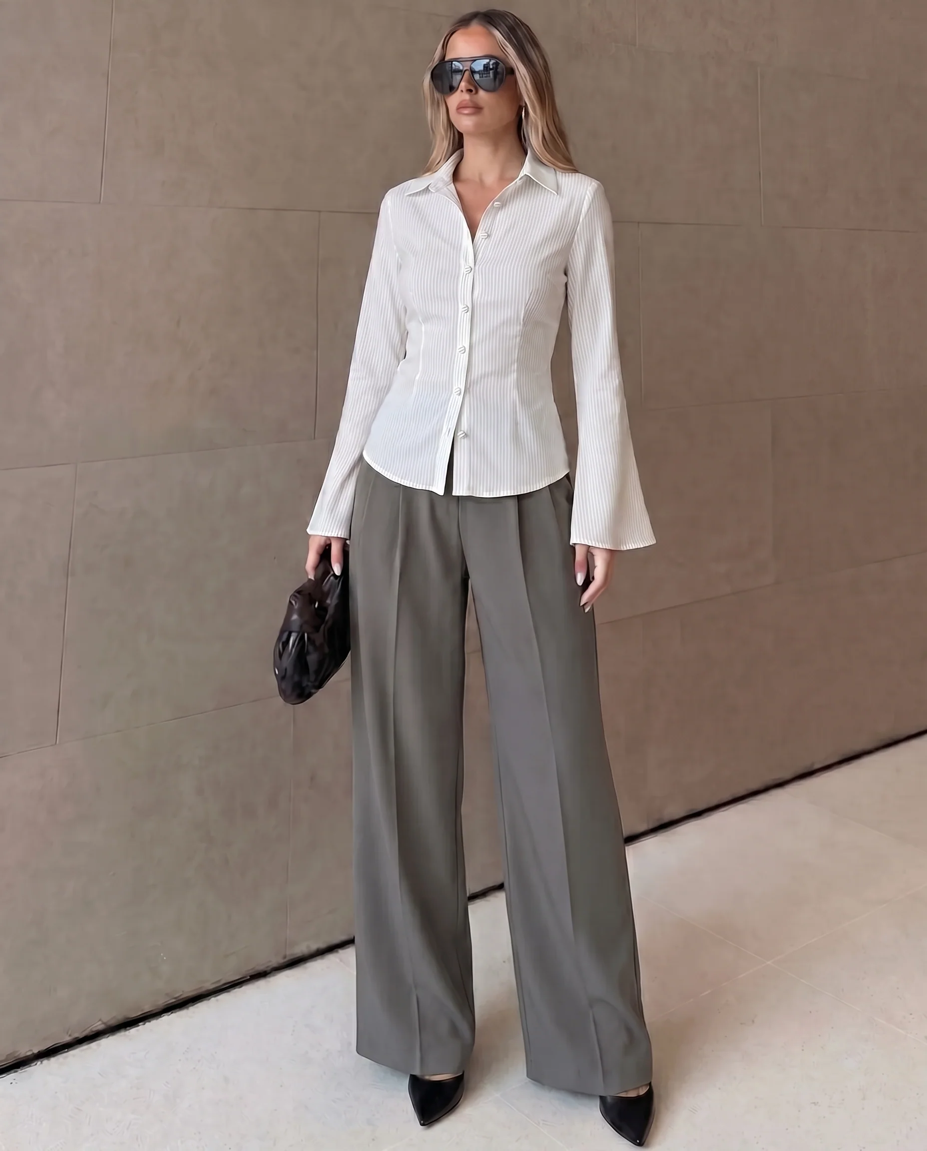 White Pinstripes Flared Shirt and Corset Waist Pleated Pants - Image 3