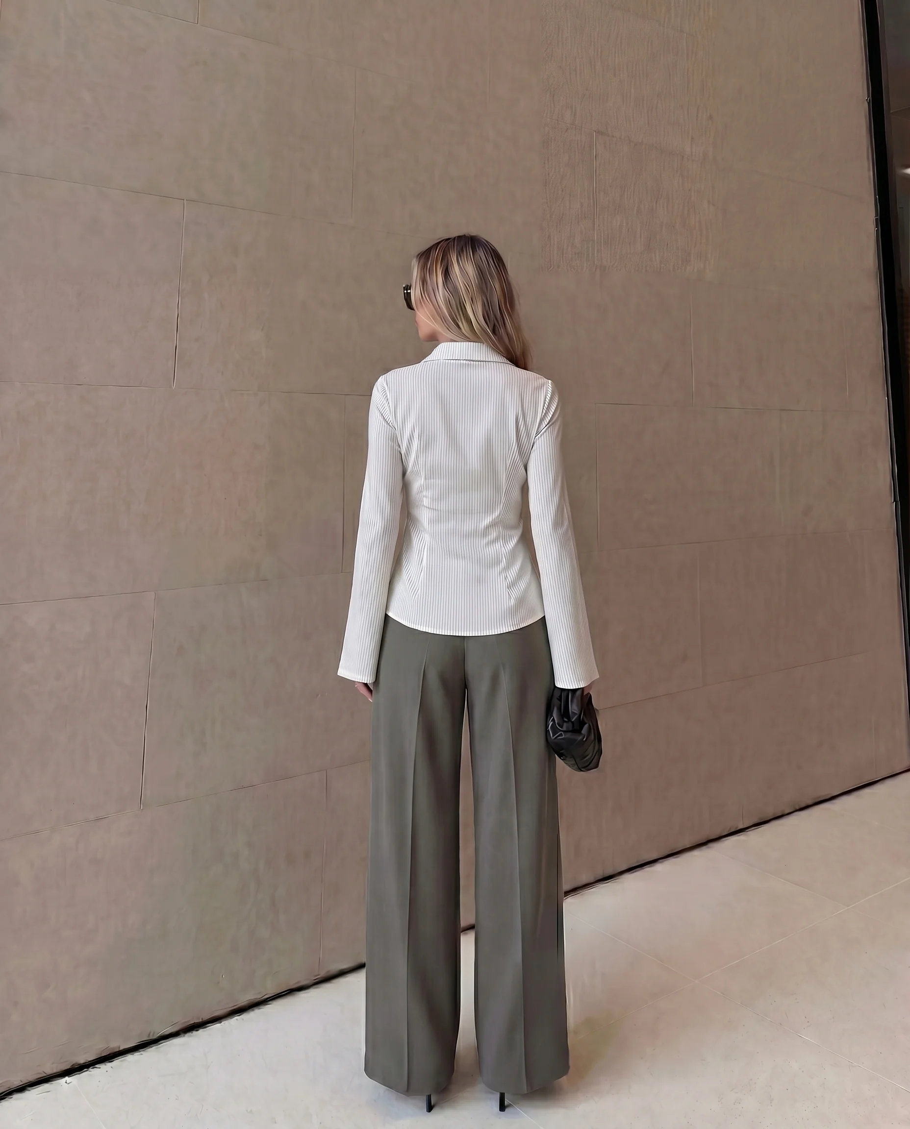 White Pinstripes Flared Shirt and Corset Waist Pleated Pants - Image 4