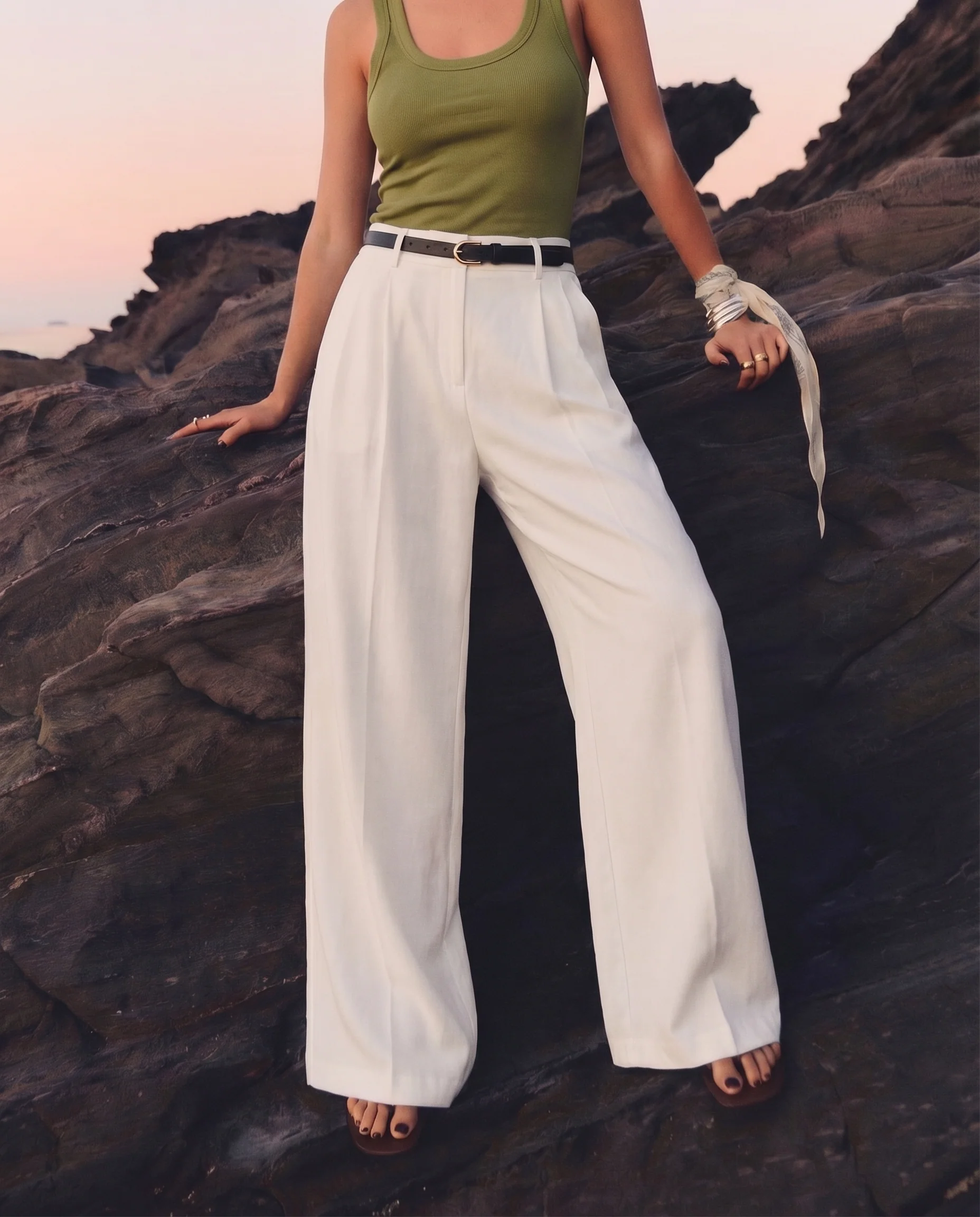 White Wide Leg Pants With Belt