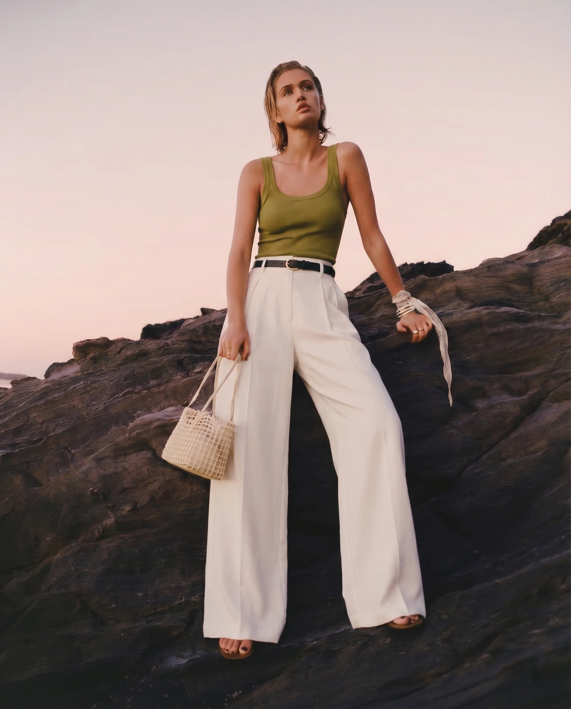 White Wide Leg Pants With Belt - Image 3