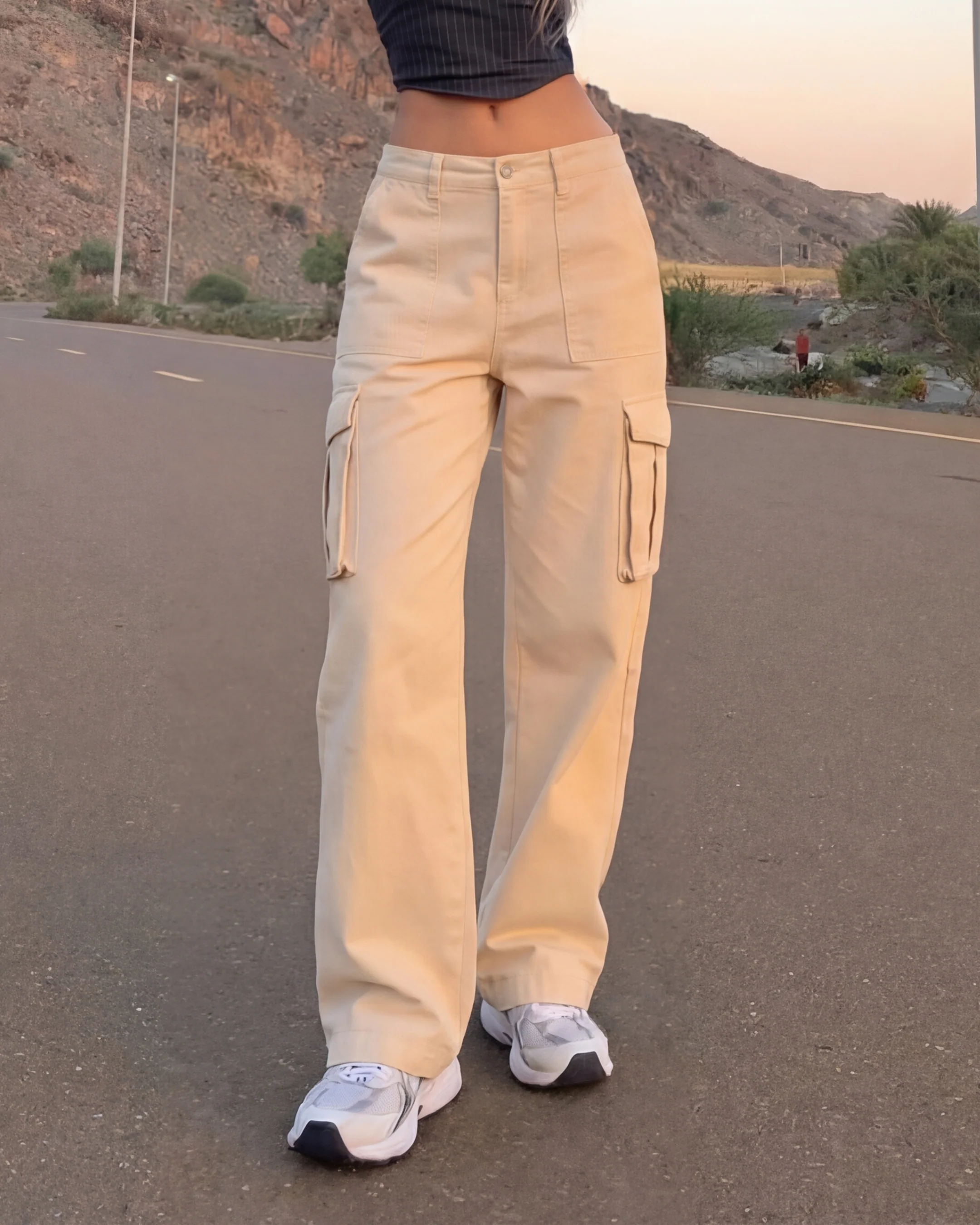 Cream Wide Leg Adjustable Cargo