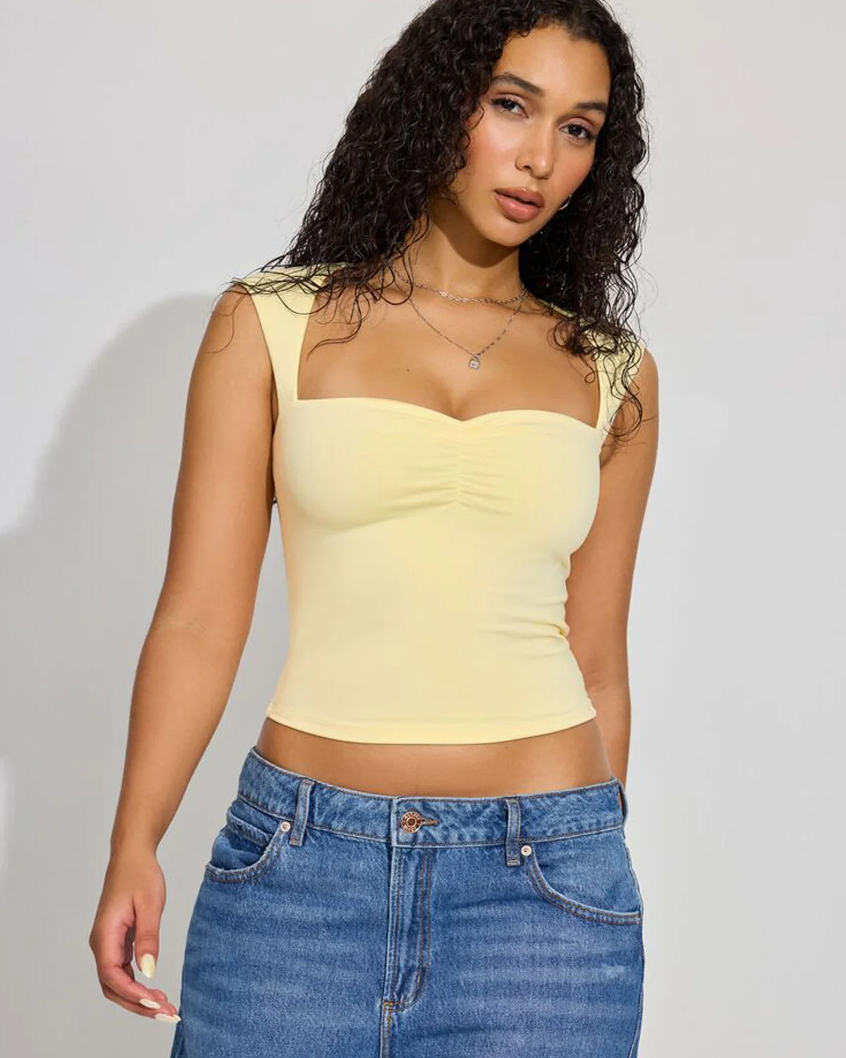 Yellow Sweetheart Neck Ribbed Top